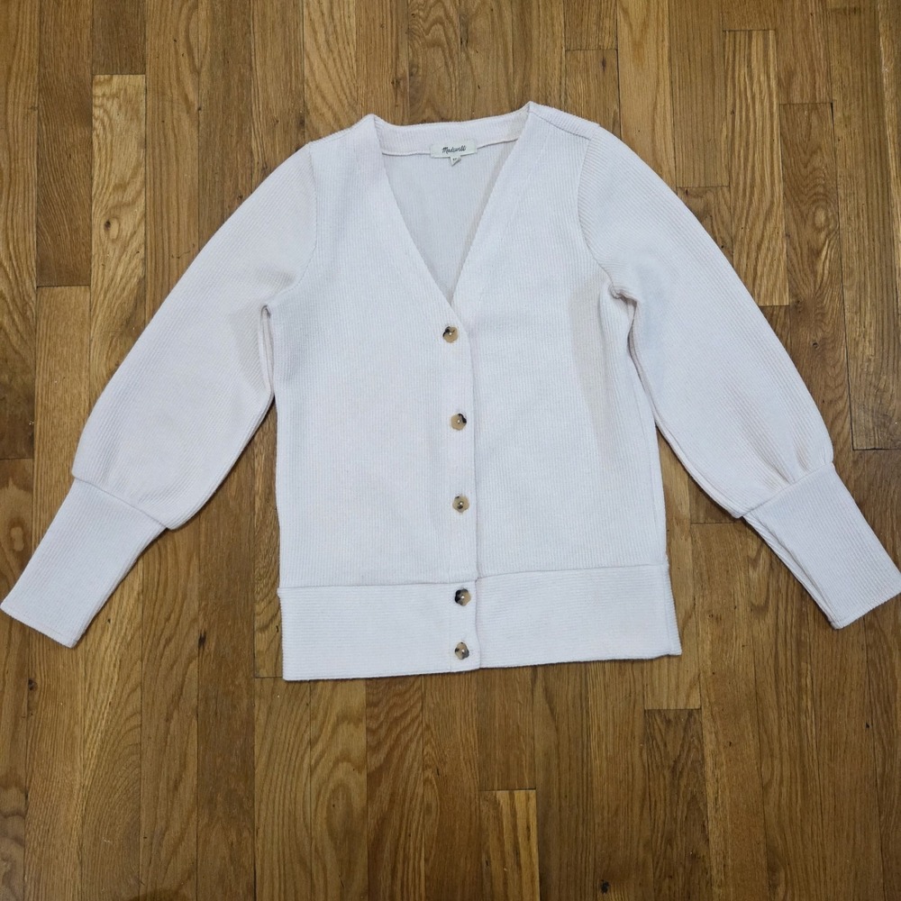 Madewell Ribbed‎ V Neck Button Up Cardigan In Cream XXS